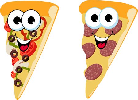 Slice of fresh italian classic original Pepperoni Pizza and mushroom pizza isolated on white background. Funny cartoon character.の写真素材