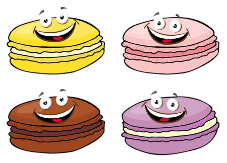 Cake macaron or macaroon Vector Illustration set, colorful almond cookies, pastel colors. Funny cartoon character illustration. Illustration on white backgroundのイラスト素材