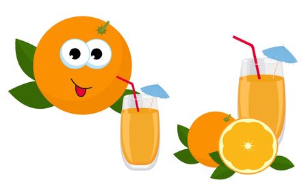 Orange Juice. Glass of juice with whole orange and slice of orange fruit. Vector Illustration of an Orange Character Drinking Juice isolated on white backgroundのイラスト素材