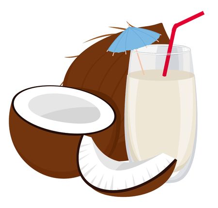 Coconut and a glass of coconut milk. Vector illustration isolated on white background. Healthy food.のイラスト素材