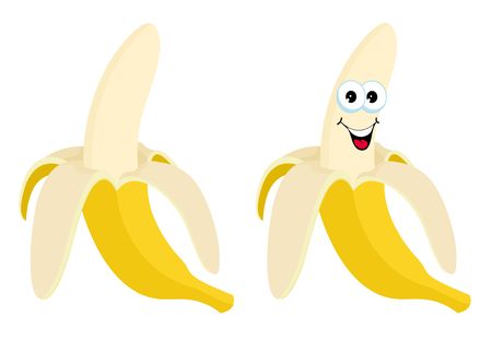 Half peeled Banana. Open Banana vector illustration isolated on a white background. Funny cartoon character illustration.のイラスト素材