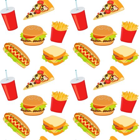 Hamburger, hot dog, cola drink. Takeaway food. Fast food background. Seamless pattern. Vector Illustrationの写真素材