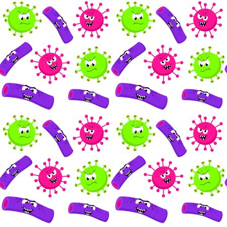 Angry funny bacterias, germs in cartoon style isolated on white background. Funny cartoon character. Bad microbes background. Seamless pattern.の写真素材