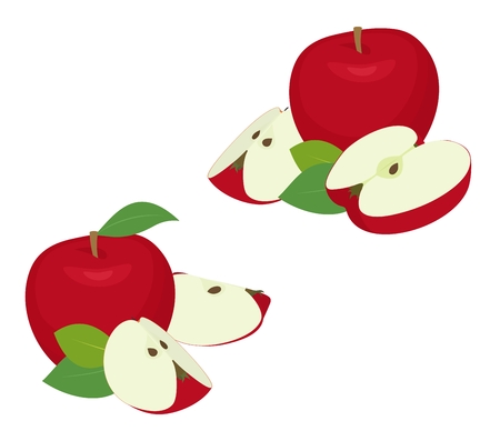 Apple pieces set. Whole red apple fruit with slice ,cut, with leaves isolated on white background as package design element.のイラスト素材