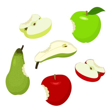 Apple and pear. Set of red, green, half, sliced, apples and pear. Raster illustration on white background.の写真素材