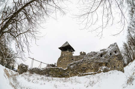 Nevitsky castle in snowy weather. Architecture memo. Remains of a fortress in the village of Nevitskoe. Transcarpathia. Ruin of the 13th century near the village of Kamyanitsaのeditorial素材