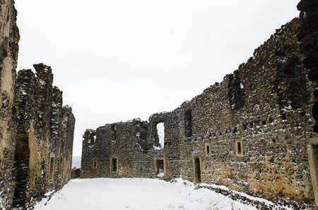 Nevitsky castle in snowy weather. Architecture memo. Remains of a fortress in the village of Nevitskoe. Transcarpathia. Ruin of the 13th century near the village of Kamyanitsaのeditorial素材