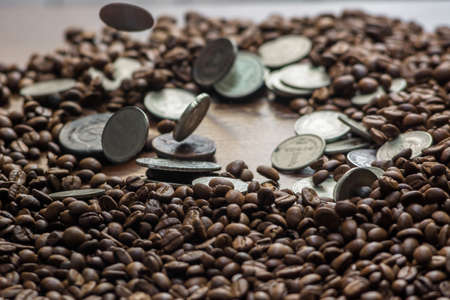 Soviet Union coins fall on coffee beans. Two dollars in silver. Charms and bark of the Mamvri oak. Washingtonia Leaflet. Flatley. Souvenirs on a dark background. Brown backgroundの写真素材