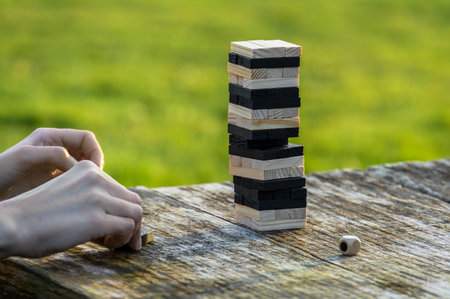 Peaceful rest in nature in sunny weather. The game Jenga, Wooden tower against the background of...