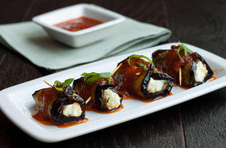 Eggplant rolls stuffed with cottage cheeseの写真素材