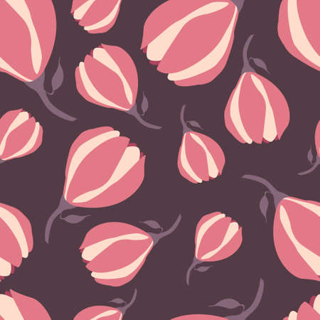 Colorful magnolia flowers seamless pattern on dark background. Can be used for printing, fabric, web designのイラスト素材