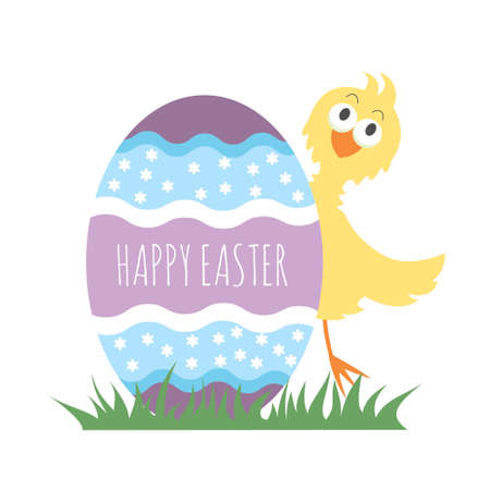 Happy Easter greeting card with a chicken hiding behind easter egg. For web design and printingのイラスト素材