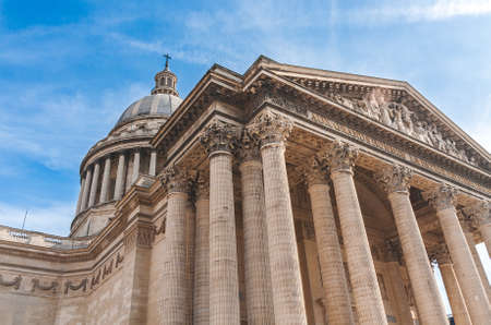 Low level view on Pantheon with its columns, front porch and dome in Paris. Former church, later mausoleum and burial place of distinguished French citizens.のeditorial素材