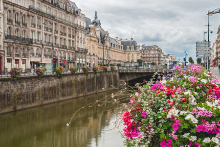 Close up of gorgeous flower decorations along the embankment of River Vilaine in Rennes, Brittany, Franceのeditorial素材