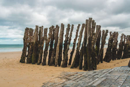 Wooden poles on beach during low tide in Saint-Malo, Brittany, Franceの写真素材