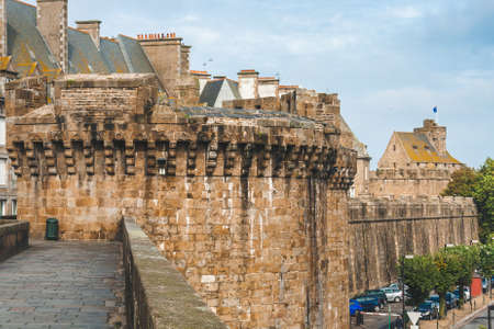 Ancient stone tower and ramparts surrounding old town of Saint-Malo, Brittany, Franceのeditorial素材