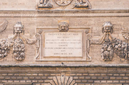 Fragment of richly decorated baroque facade of music academy, former Avignon's Mint, Hotel des Monnaies, built in 17th century opposite Pope's Palace in Avignon, Franceの写真素材