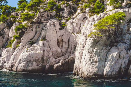 Close up of white cliffs of Massif des Calanques covered with pine trees in Cassis near Marseille,...