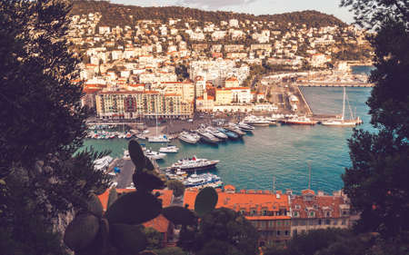 Aerial view on Mont-Boron and Port Lympia with boats and yachts from Castle Hill in Nice, Cote dAzur, Franceの写真素材