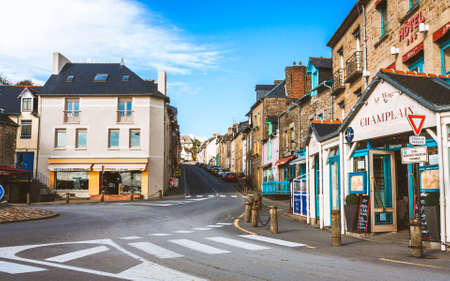 CANCALE, FRANCE - OCTOBER 6, 2009: Street with hotels and shops in Cancale famous for its oyster farm and marketのeditorial素材