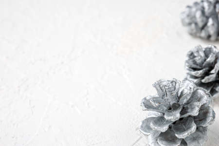 Silver pine cones on white background with copy space. For Christmas, holiday cards, posters