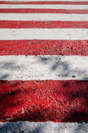 Vertical shot of fresh new red and white stripes, signal lines. Striped pedestrian crosswalk with black shadows from treesの写真素材
