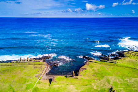 An Aerial View over Ahu Tahai alone Moai at Hanga Roa, Easter Island.の写真素材