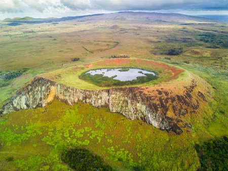 An aerial view over Rano Raraku Volcanoの写真素材