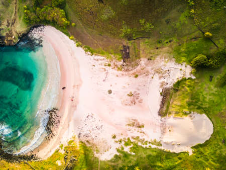 Anakena Beach from the air, an aerial view of the most famous beach at Easter Island and maybe the best one in Chileの写真素材