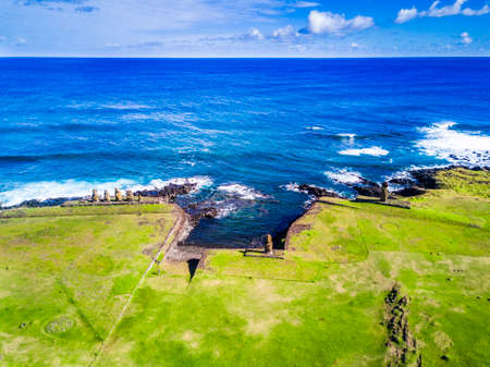 An Aerial View over Ahu Tahai alone Moai at Hanga Roa, Easter Island.の写真素材