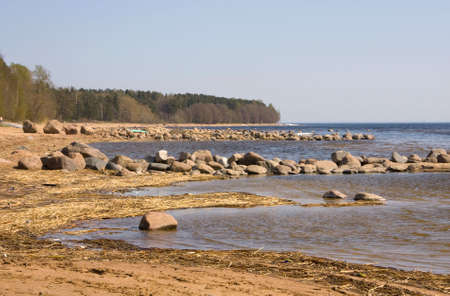 Seacoast, stones, sand, water, sunの写真素材