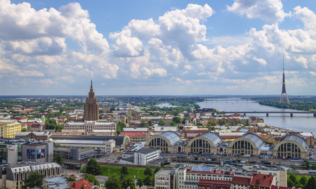 Aerial view of the center of Riga, the Riga market and Tower, Riga, Latvia.の写真素材