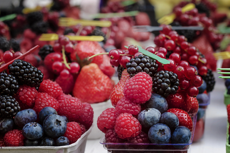 dessert portion of ripe berries: raspberries, strawberries blueberriesの写真素材