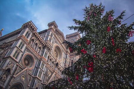 Christmas tree near Santa Maria del Fiore, the main church of Florence.の写真素材