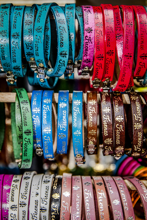 Traditional Florence souvenirs, bright leather braceletsの写真素材