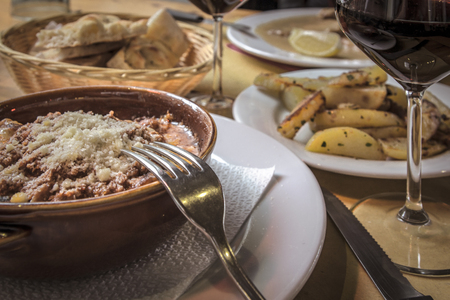 Lasagna with minced meat and parmesan, traditional Italian cuisine.の写真素材
