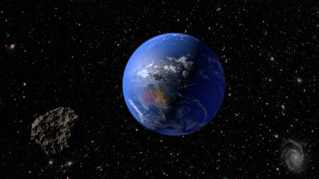 An asteroid flies to the earth. 3D rendering.