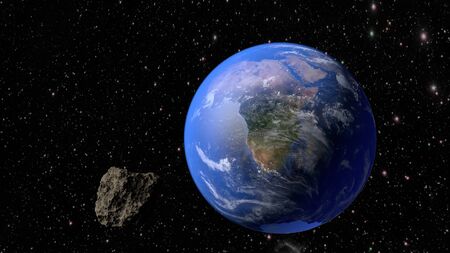 An asteroid flies to the earth. 3D rendering.の写真素材