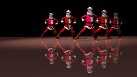 Five cheerful Santa Clauses in a red suit are dancing. 3d rendering .の写真素材