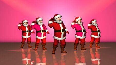 Five cheerful Santa Clauses in a red suit are dancing. 3d rendering .の写真素材