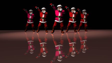 Five cheerful Santa Clauses in a red suit are dancing. 3d rendering .の写真素材