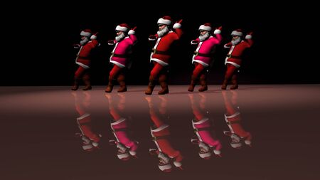 Five cheerful Santa Clauses in a red suit are dancing. 3d rendering .の写真素材