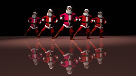 Five cheerful Santa Clauses in a red suit are dancing. 3d rendering .の写真素材