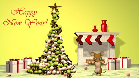 Beautiful Christmas tree and a cute little mouse. 3D rendering.の写真素材