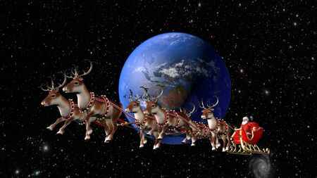 Santa Claus carries gifts on a sleigh pulled by deer. Fantastic flight around the Earth.の写真素材