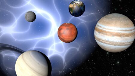 Parade of planets and a mysterious nebula. 3D rendering.の写真素材