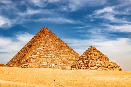 Ancient Pyramid of Mycerinus, Menkaura and the Pyramids of the Queens Menkaurev Giza, Egypt.の写真素材