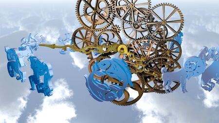 Zodiac horoscope, 12 zodiac signs and a clockwork. 3D rendering.
