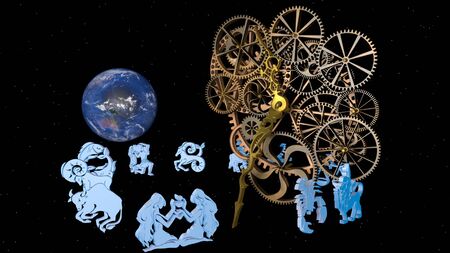Zodiac horoscope, 12 zodiac signs and a clockwork. 3D rendering.の写真素材