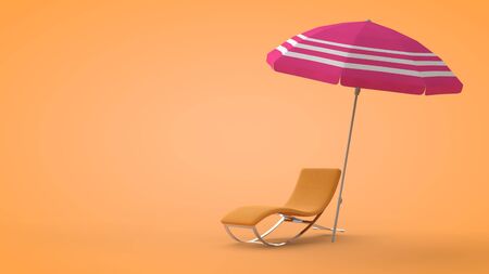 Beach deck chair and umbrella on sand background, 3D rendering.の写真素材